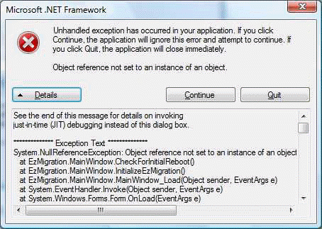 EzMigration 3 Microsoft .NET Error Object Reference... On Vista 64 Business